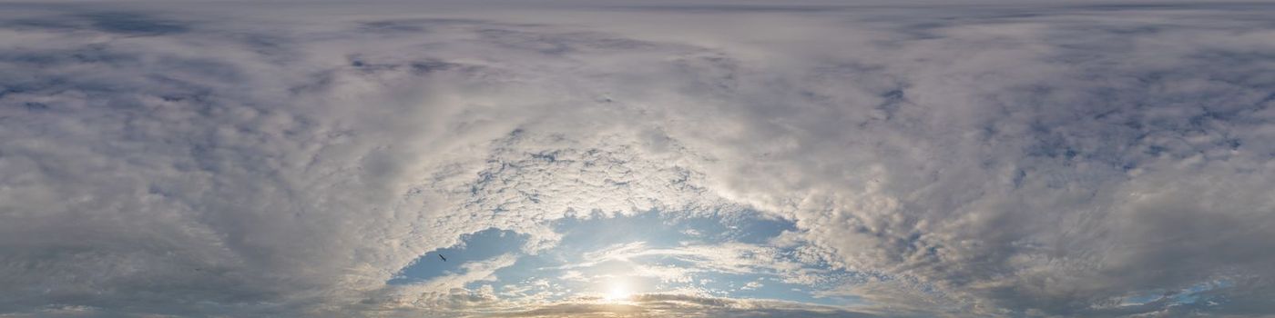 Dark blue sunset sky panorama with pink Cumulus clouds. Seamless hdr 360 pano in spherical equirectangular format. Full zenith for 3D visualization, game, sky replacement for aerial drone panoramas