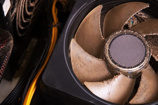 Dust on the fan in the computer close up
