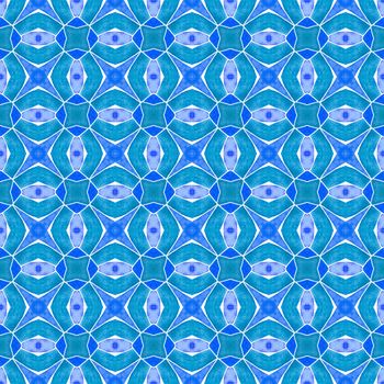 Textile ready bewitching print, swimwear fabric, wallpaper, wrapping. Blue awesome boho chic summer design. Ikat repeating swimwear design. Watercolor ikat repeating tile border.