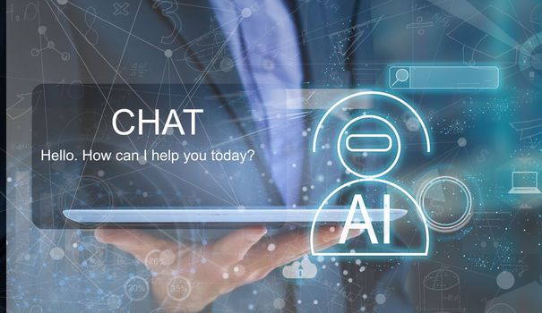 Businessman using chatbot in smartphone intelligence Ai. Chat with AI Artificial Intelligence, developed by AI generate. Futuristic technology, robot in online system
