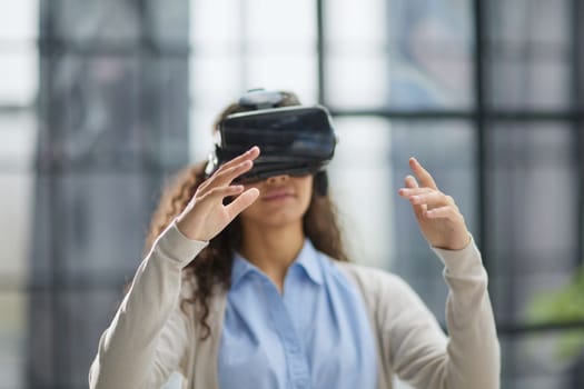 Girl trying to touch objects in virtual reality.