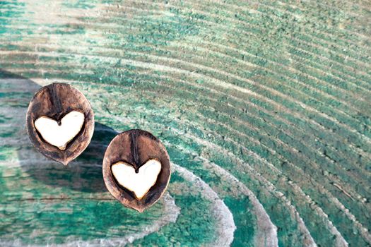 Two halves of split walnut with core in form of white hearts on wooden background turquoise color, concept of Valentine's Day and health, copy space