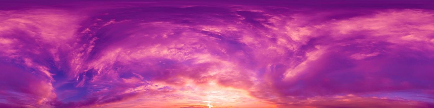 Dramatic magenta sunset sky panorama with Cumulus clouds. Seamless hdr 360 pano in spherical equirectangular format. Complete zenith for 3D visualization, game and sky replacement for aerial drone panoramas.