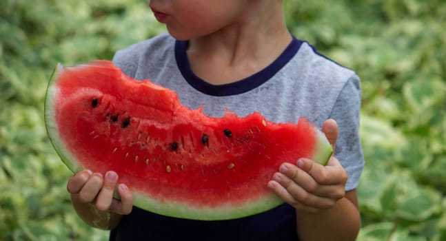 A child eats a watermelon. Selective focus. Nature