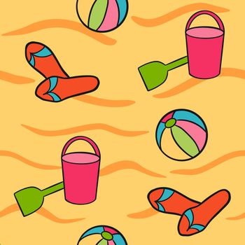 Hand drawn seamless pattern with summer beach toys on yellow sand. Red flip flops green shovel pink bucket blue ball, kids children sea ocean relax vacation game, funny travel holiday swim bright design