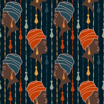 Hand drawn seamless pattern with black african american women with ethnic tassel earrings and headwrap. Blue orange profile fashion girls with abstract stripes lines dark background, ethnic black lives matter design, proud woman boss