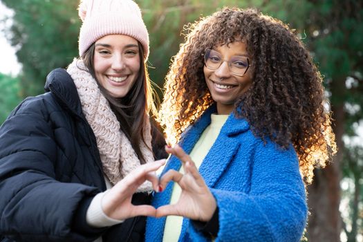 Female friends making heart shape from hand happy smiling looking at camera. Friendship and love concept. High quality photo
