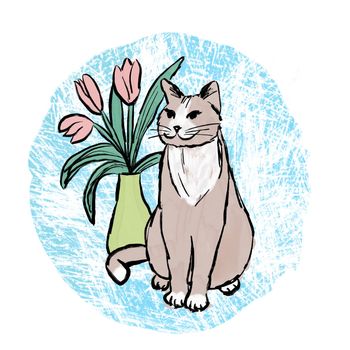Hand drawn illsutration with cat and flowers houseplant on blue colorful background. Home animal feline pet cute design poster card, trendy art in loose painterly style, gift for cat lovers cat mom print