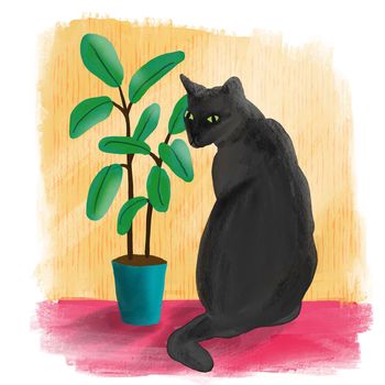 Hand drawn illsutration with black cat and flowers ficus houseplant on colorful background. Home animal feline pet cute design poster card, trendy art in loose painterly style, gift for cat lovers cat mom print