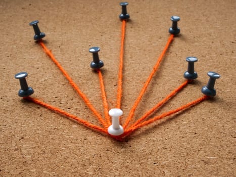 Leadership or delegation concept. The pins are connected by thread to the main.