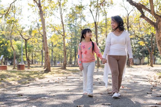 Happy grandmother and grandchild walking in public park.