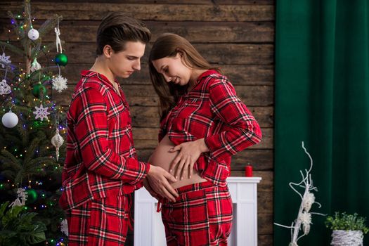 An expectant couple faces each other in a room with Christmas decorations and a Christmas tree. The man and the woman hold their hands on the pregnant belly.