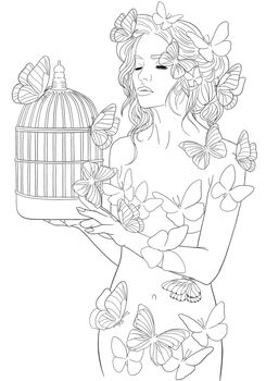 collection coloring page girl with butterflies for kids