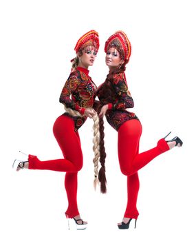 Full length portrait of russian go-go girls. Isolated on white