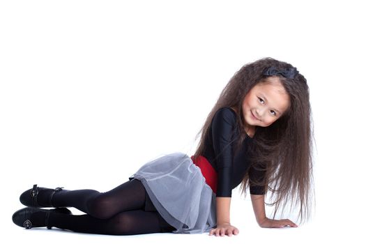 Full length portrait of fashion asian little girl. Isolated on white
