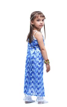portrait of little girl in indian costume look back. Isolated on white