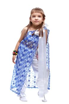 Full length portrait of little girl in indian costume. Isolated on white