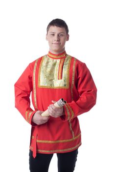 Portrait of dancer in russian costume. Isolated on white