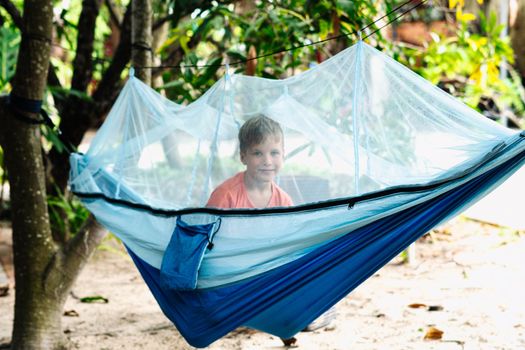 Smile child boy lie rest hammock with mosquito net. Happy childhood daydream. Look at from, laughing, portrait.