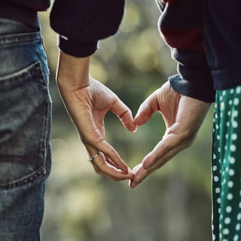 Hearts are happy with love inside. a couple making a heart gesture with their hands outdoors