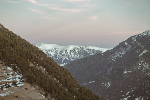 Countryside landscape in Andorra in the Pyrenees in Winter.