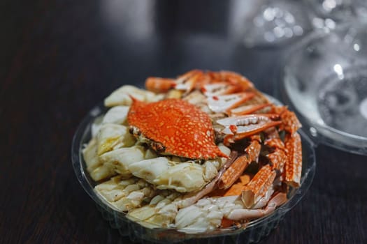 Steamed crab meat from blue crab in package .