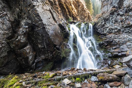 Ausai waterfall 2 in Bear gorge of Almaty mountains, ile alatau parkland, picturesque nature of Qazaqstan.