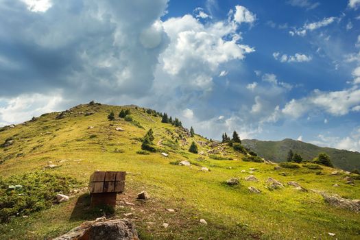 View of Mount Furmanov from the glade of Enthusiasts in the Almaty mountains. Tourist natural places of Kazakhstan.