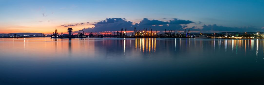 Amazing panorama of port Varna city in blue hour