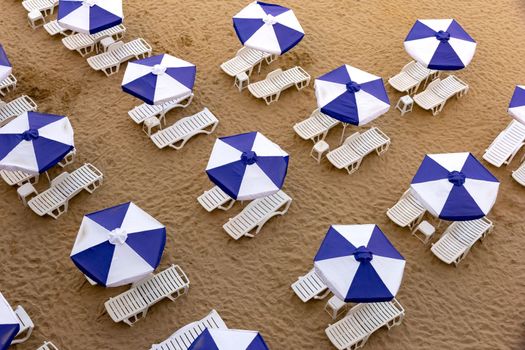 Aerial top view of a beach with white umbrellas and blue lounge chairs