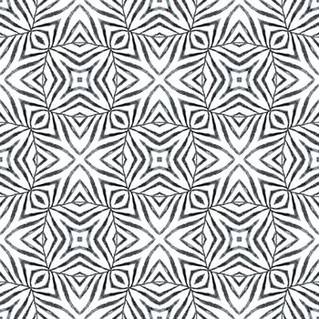 Textile ready artistic print, swimwear fabric, wallpaper, wrapping. Black and white surprising boho chic summer design. Tiled watercolor background. Hand painted tiled watercolor border.