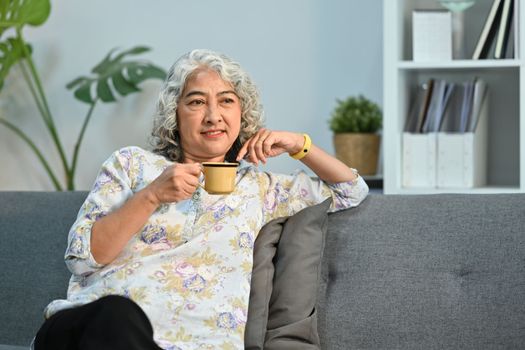 Satisfied middle aged lady drinking coffee, spending free time in morning at comfortable home.