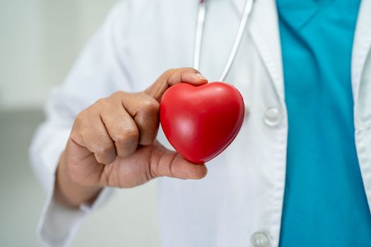 Doctor holding a red heart in hospital ward, healthy strong medical concept.