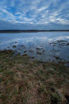 The reflection of the evening sky in the water on a meadow in Czulczyce, eastern Poland