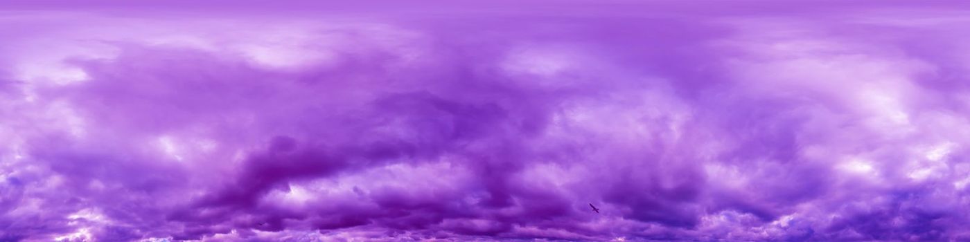 Viva magenta sky panorama on rainy day with Nimbostratus clouds in seamless spherical equirectangular format. Full zenith for use in 3D graphics, game and for aerial drone 360 degree panorama as sky dome