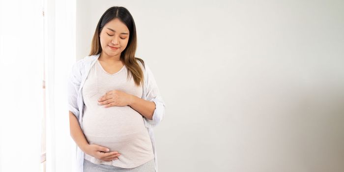 pregnant woman standing near window at home.