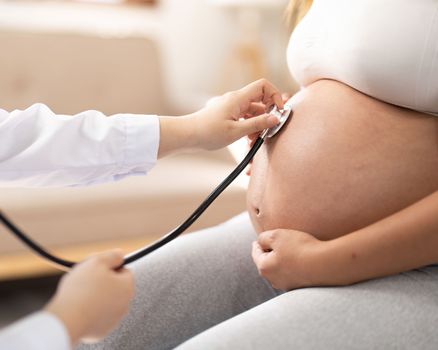 Happy Asian pregnant woman with her doctor in the examination room.