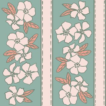 hand drawn seamless pattern with beige periwinkle flowers on sage green background. Floral pastel muted neutral foliage print, striped stripes, spring garden boho bohemian design, bloom blossom art in retro vintage style