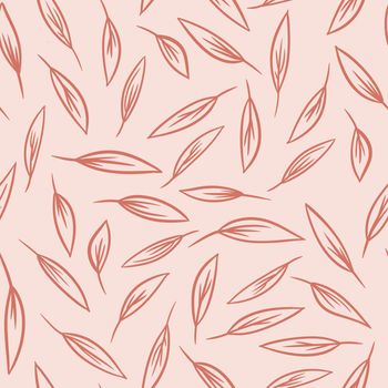 Hand drawn seamless pattern with brown terracotta leaves on beige background. Minimalist nature floral foliage print, botanical boho bohemian design, elegant branch nature art