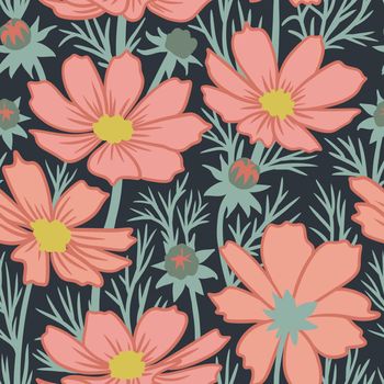 Hand drawn seamless pattern with orange cosmos flowers sage green leaves on dark black background. Nature floral spring garden design, bloom blossom buds, botanical art, boho boheman print