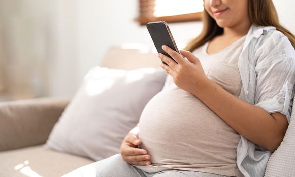 Happy Asian pregnant woman using her phone while relaxing on sofa in her living room.