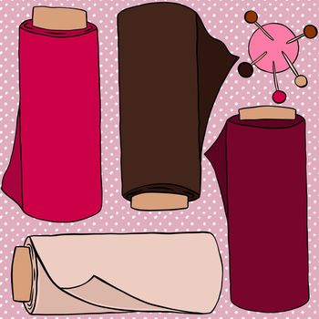 Hand drawn seamless pattern with fabric rolls pin cushion sewing crafts dressmaking items. Pink brown beige polka dot background, tailor cute sew print, handmade needwork business hobby, fabric handcraft design