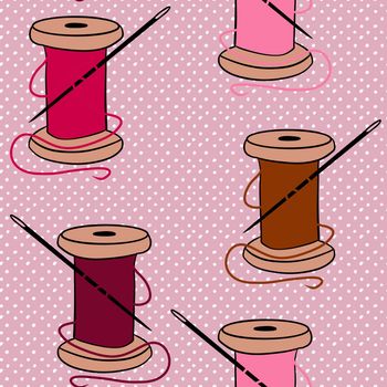 Hand drawn seamless pattern with needle thread sewing crafts dressmaking items. Pink brown beige polka dot background, tailor cute sew print, handmade needwork business hobby, fabric handcraft design