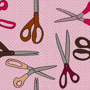 Hand drawn seamless pattern with scissors sewing crafts dressmaking items. Pink brown beige polka dot background, tailor cute sew print, handmade needwork business hobby, fabric handcraft design