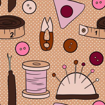 Hand drawn seamless pattern with thread needle tape button sewing crafts dressmaking items. Pink brown beige polka dot background, tailor cute sew print, handmade needwork business hobby, fabric handcraft design