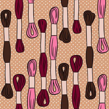 Hand drawn seamless pattern with moulinet embroidery sewing crafts dressmaking items. Pink brown beige polka dot background, tailor cute sew print, handmade needwork business hobby, fabric handcraft design