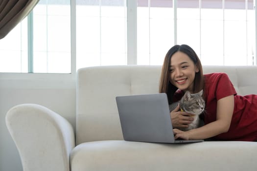 Pretty young woman using laptop and her beautiful cute thai cat sitting on the coach by the window, backlit warm light. Enjoying leisure time at home...