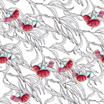 Floral seamless pattern, flowers and eucalyptus leaves on bright background