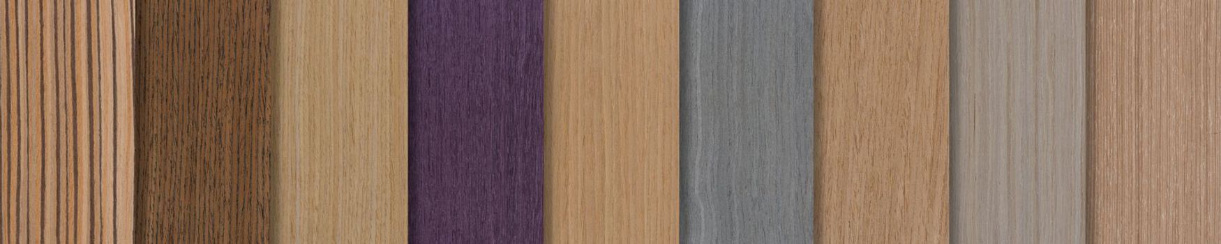 Samples of wood of different species. Pieces of wood veneer in different shades and textures. Samples of wood for the production of floor furniture or doors top view