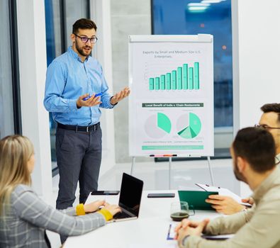 Group of young business people having a meeting or presentation and seminar with whiteboard in the office. Portrait of a young business man